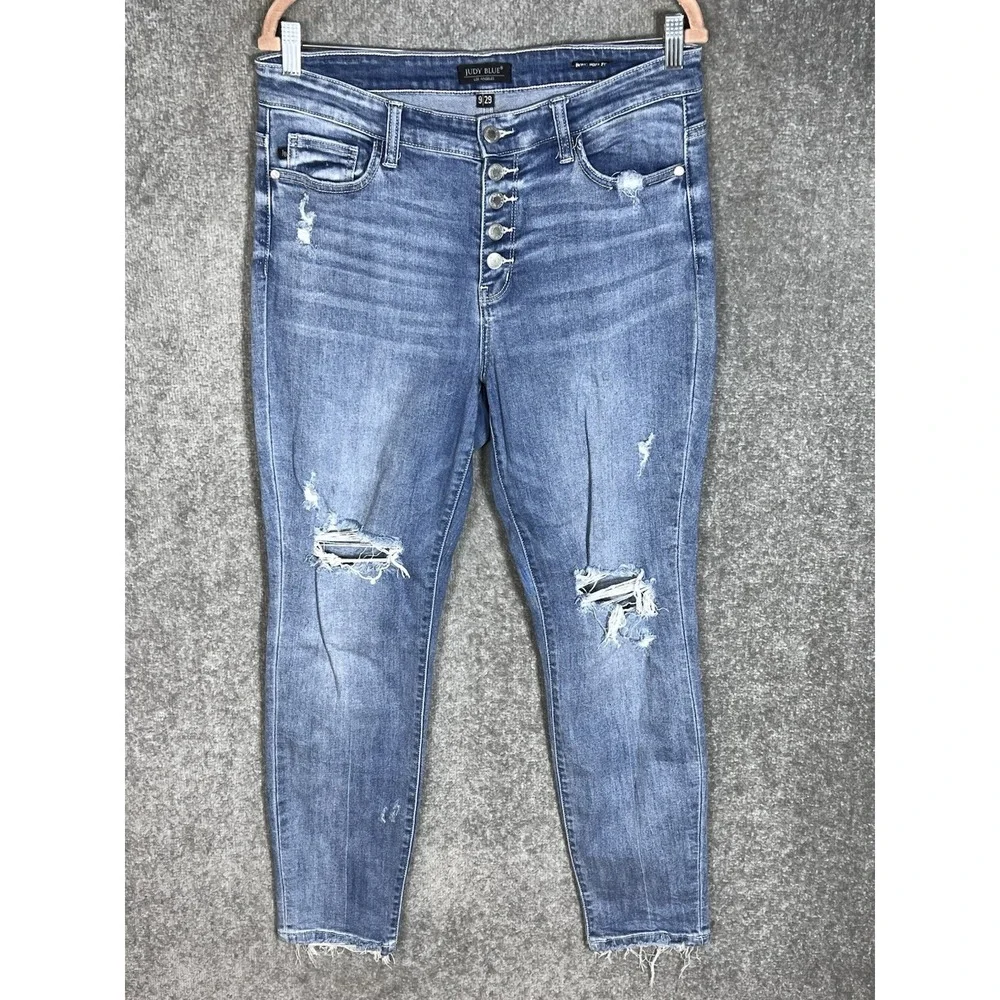 Judy Blue Boyfriend Fit Button Fly Jeans Juniors Sz 9/29 Blue Distressed Stretch